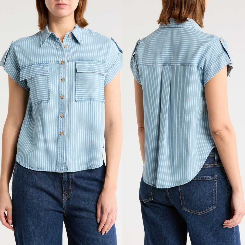 Blu Pepper Womens Short Sleeve Chambray Button Up Shirt Small Blue Pinstripes